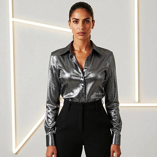 Photograph of a confident, dark-skinned woman with slicked-back hair, wearing a shiny silver button-up blouse and black high-waisted pants