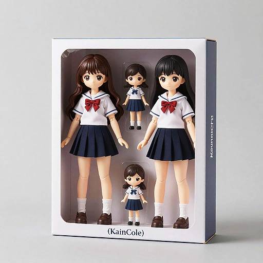 Photograph of a boxed Kaijou-style anime figurine set featuring three identical female characters in navy skirts, white sailor tops, and red ribbons