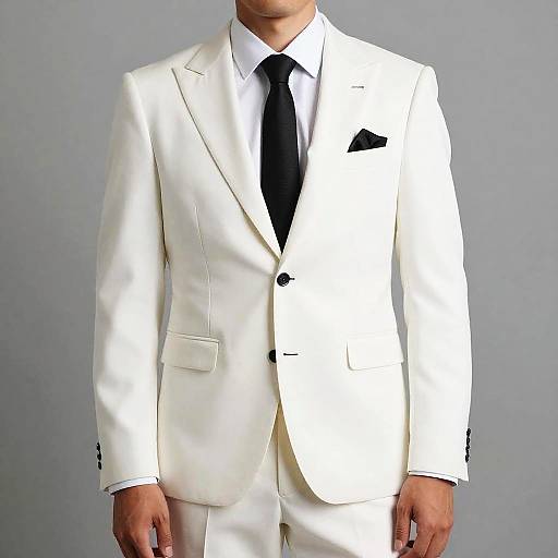 Photograph of a man wearing a sharp white suit with black tie and pocket square, against a plain gray background.