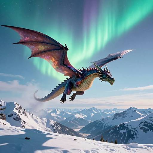 Digital artwork of a majestic, red and blue dragon with iridescent wings soaring above snow-covered mountains under vibrant green auroras.
