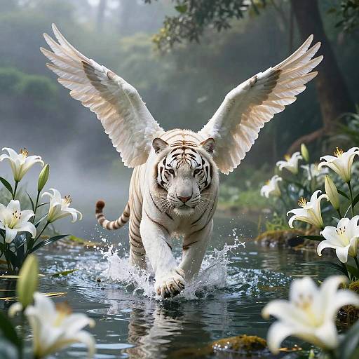 Winged White Tiger Descending to Lake