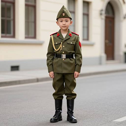 Photograph of a young Asian boy in a military-style olive green uniform with red epaulettes, gold chains, black boots, standing on a