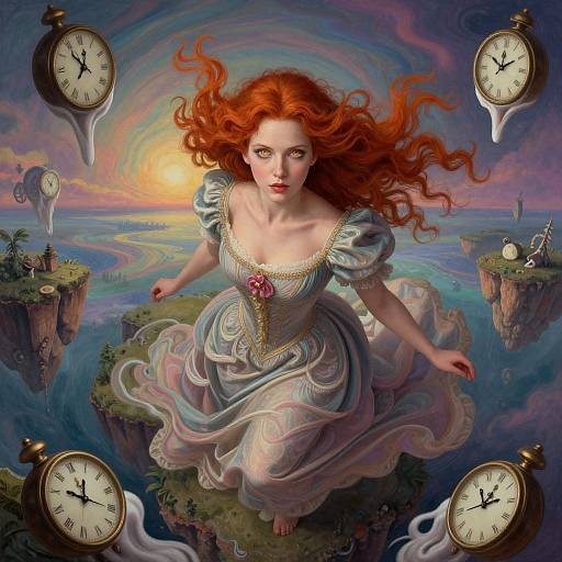 Digital fantasy artwork of a red-haired woman in a flowing, ornate dress, floating between floating clock islands, with a colorful, surreal sunset sky.