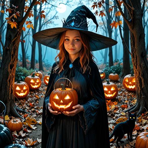Whimsical Halloween Scene with Young Witch
