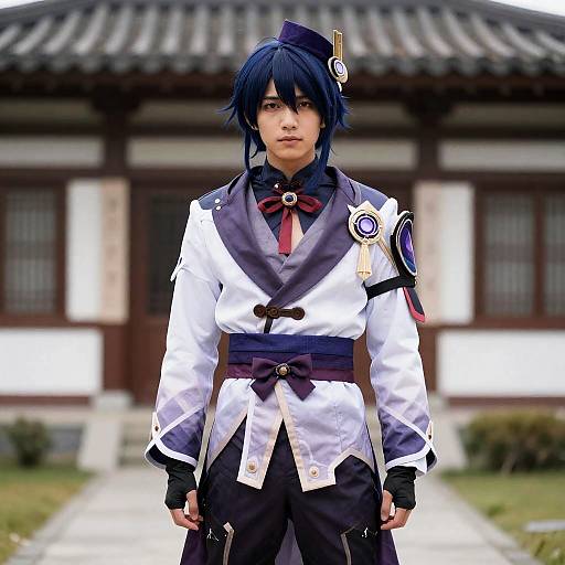 Photograph of an Asian man in detailed, traditional Korean costume with black hair, standing in front of a traditional building.