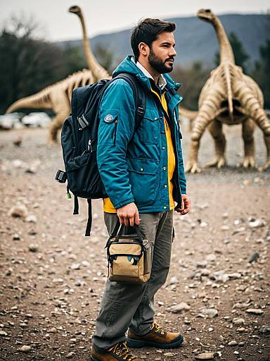 Man in Paleontologist Costume with Dinosaur Models