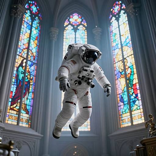Photograph of an astronaut in a white spacesuit with a black helmet floating in a grand cathedral with colorful stained glass windows.