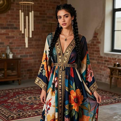 Photograph of a South Asian woman with dark braided hair, wearing a colorful, floral-patterned, long-sleeved, gold-trimmed