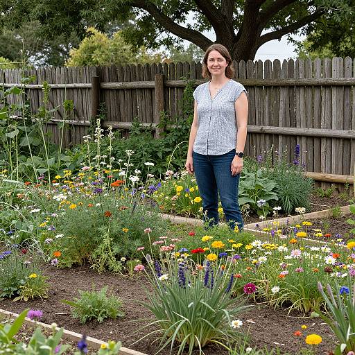 Photograph of a smiling woman with brown hair in a white checkered shirt and blue jeans, standing in a vibrant, colorful flower garden with a wooden