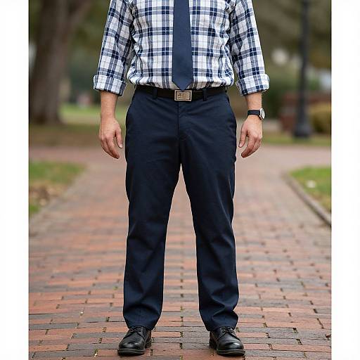 Photograph of a man from the waist down, wearing a plaid shirt, navy tie, black pants, and black shoes, standing on a brick