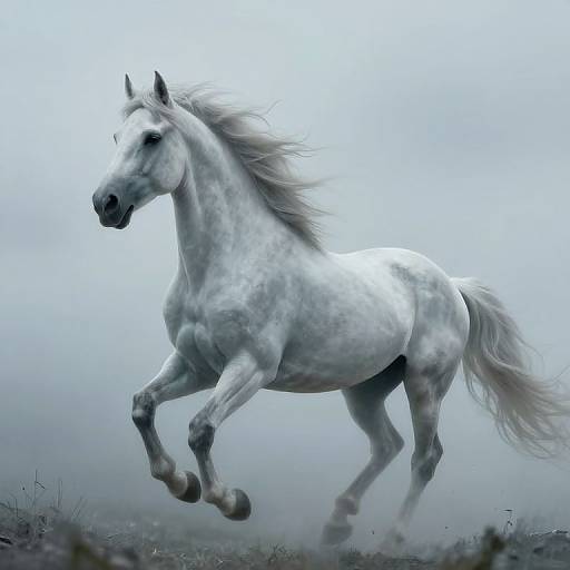 Photograph of a powerful, white, dappled horse galloping through a misty, foggy field with its mane flowing and legs mid
