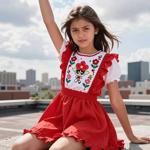 Photograph of a young girl with medium brown skin and dark brown hair, wearing a red ruffled dress with a white floral top, sitting on a