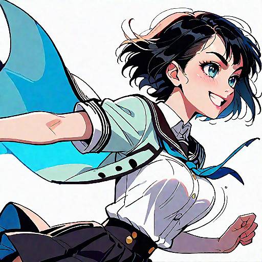 Dynamic anime-style illustration of a black-haired girl with blue eyes, smiling, wearing a white sailor uniform with blue accents, and a black skirt, depicted
