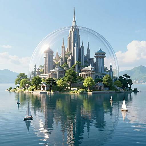Digital artwork of a majestic, glass-domed castle with spires, surrounded by lush greenery, floating on a calm blue lake with small sailboats