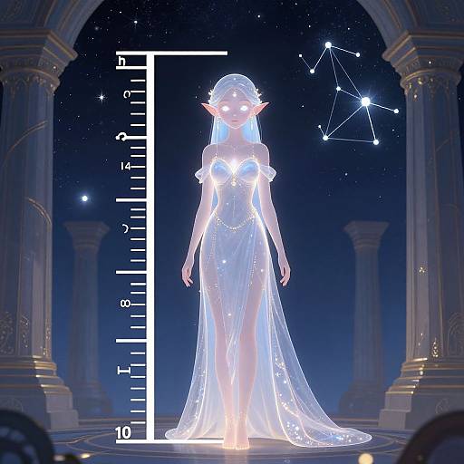 Digital fantasy artwork of a glowing, ethereal elf woman in a translucent, star-embellished gown, standing under a starry night sky in