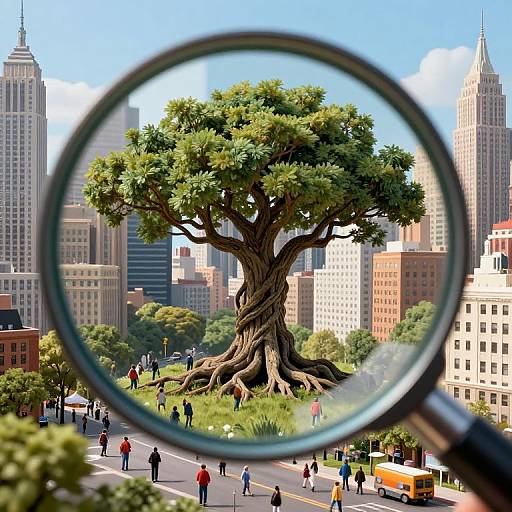 Photograph-like digital artwork of a giant tree viewed through a magnifying glass, set in a bustling cityscape with skyscrapers and pedestrians.