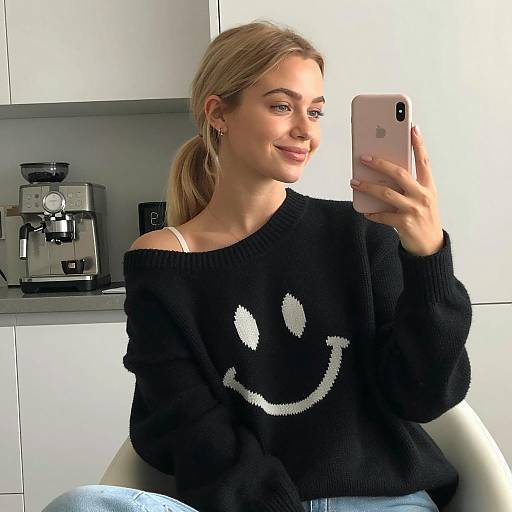 Blonde Woman Taking Mirror Selfie in Black Smiley Sweater