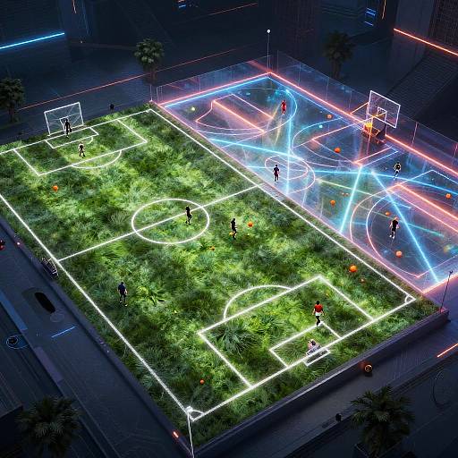 Aerial photograph of a neon-lit, grassy urban football field at night, with players and goals outlined in glowing white, blue, and red