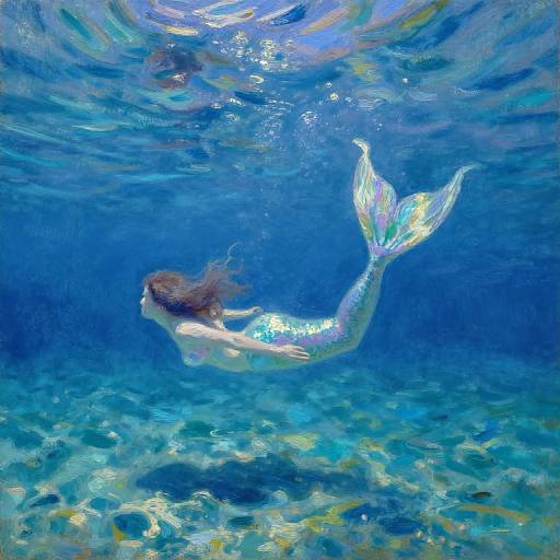 Photograph of a mermaid with long brown hair, shimmering silver tail, swimming underwater in a vibrant blue ocean with sunlit, rocky seabed