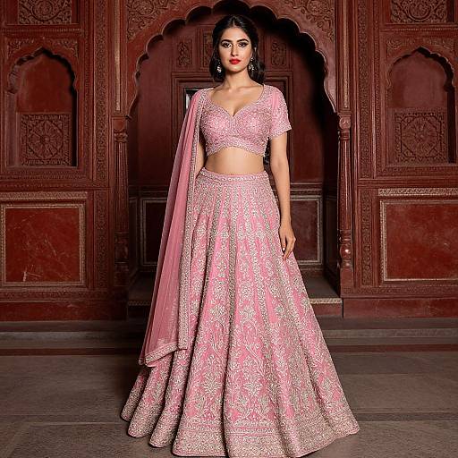 Photograph of a beautiful Indian woman in a pink, floral-embroidered traditional lehenga with a matching dupatta, standing in front of an
