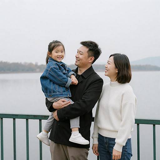 Smiling Family by Lakeside Railing