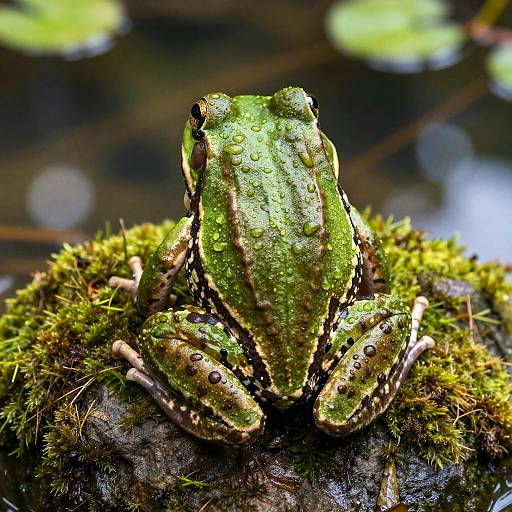 Close-up photograph of a green frog with water droplets, perched on a moss-covered rock in a shallow, sunlit pond.