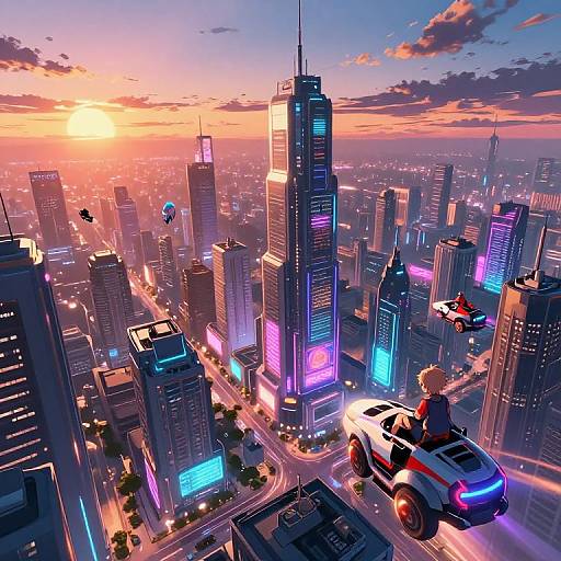 Digital anime-style artwork of a futuristic cityscape at sunset, featuring a blonde-haired character in a white, neon-lit car driving through towering, glowing