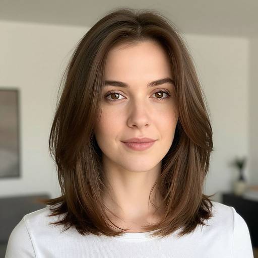 Photorealistic portrait of a young woman with medium-length brown hair, fair skin, brown eyes, and white top, smiling softly in a bright,