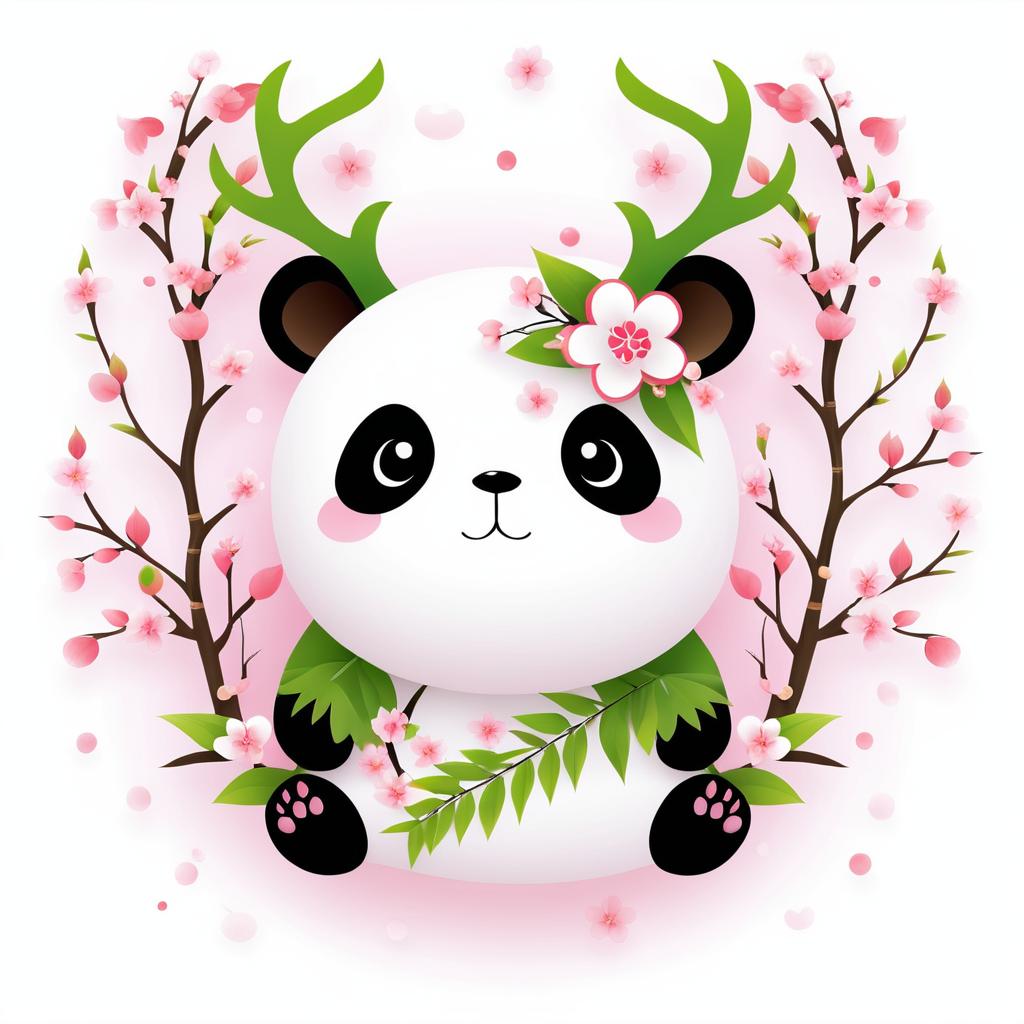 Kawaii Panda with Bamboo Antlers and Blossoms