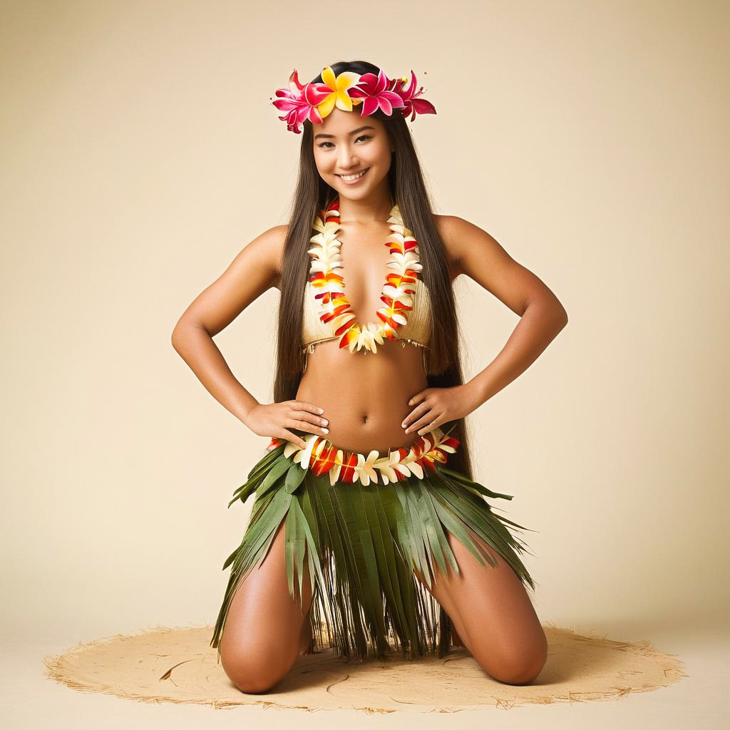 Shy Young Woman in Hula Festival Attire