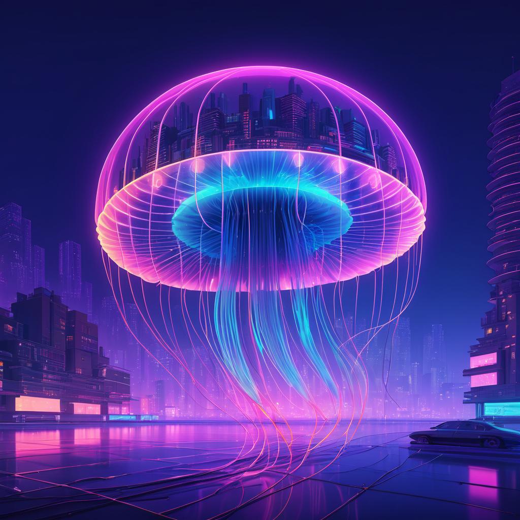 Neon Jellyfish in Dystopian Cityscape