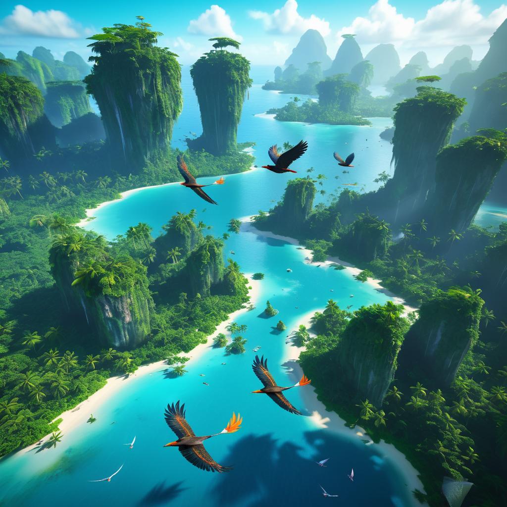 Vibrant Prehistoric Birds in Lush Landscape