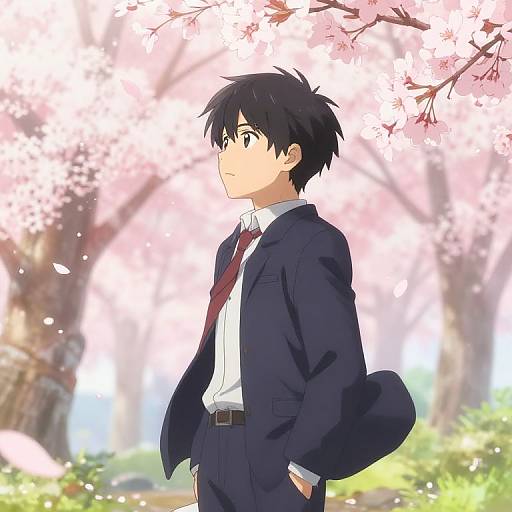 Anime-style drawing of a young man in a navy suit with red tie, white shirt, and hands in pockets, standing under cherry blossoms in a