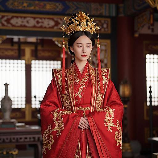Photograph of an East Asian woman in a vibrant red, gold-embroidered traditional Chinese royal robe with ornate crown, standing in a rich