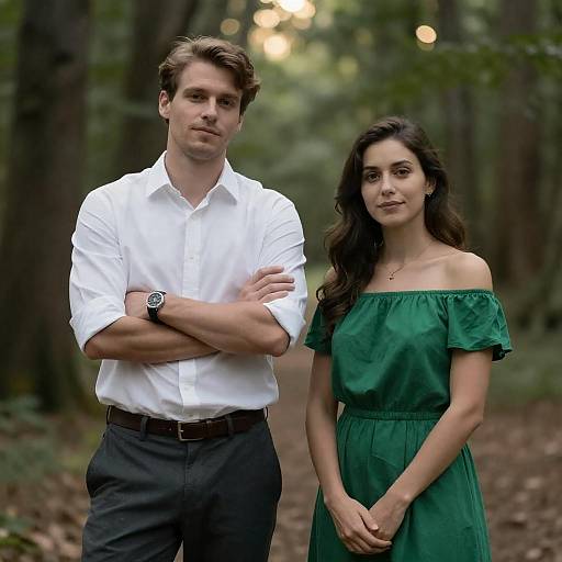 Photograph of a tall, handsome man in a white shirt and black pants standing with a beautiful woman in an off-shoulder green dress in a
