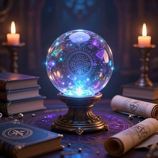 Photograph of a glowing, crystal magic orb with intricate symbols, illuminated by blue and purple lights, surrounded by candles, books, and rolled-up scrolls