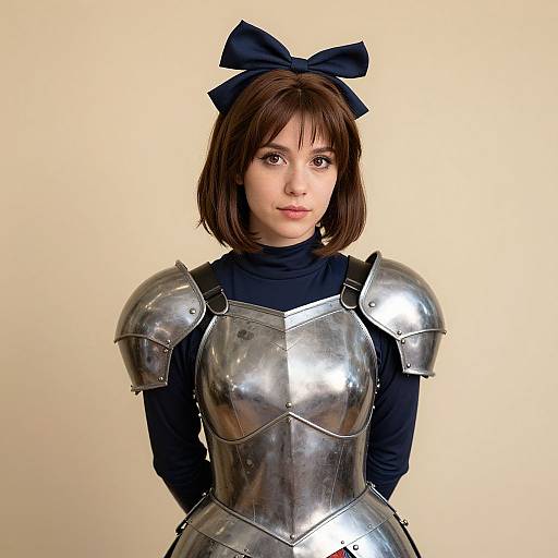 Photograph of a young woman with fair skin, brown bob haircut, and black bow, wearing shiny silver armor over a black turtleneck, against
