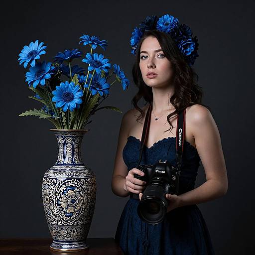 Surreal Moody Portrait with Blue Flowers