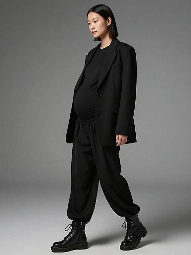 Pregnant Woman in Stylish All-Black Outfit