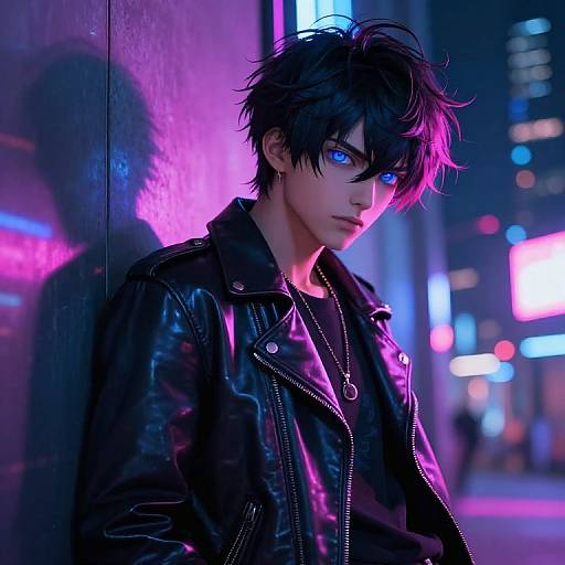 Digital anime-style portrait of a young man with black hair and glowing blue eyes, wearing a black leather jacket, standing in a neon-lit urban street