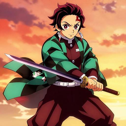 Anime-style digital drawing of a red-haired male warrior in green and black uniform, holding a sword, against a vivid sunset sky.