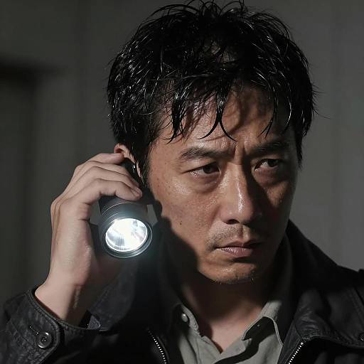 Mysterious Man with Flashlight at Ear