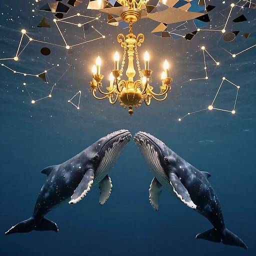 Photograph of two whales underwater, touching noses beneath a glowing, ornate chandelier with constellation lights, against a deep blue ocean background.