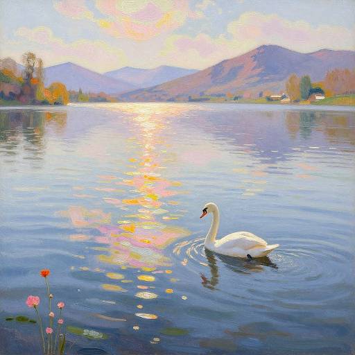 Painting of a serene lake at sunset, featuring a lone white swan gliding on calm water, surrounded by reflections and distant mountains, with vibrant