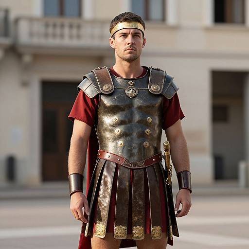 Photorealistic CGI of a muscular, young man in ancient Roman soldier armor, with dark brown hair, red tunic, and gold headband,