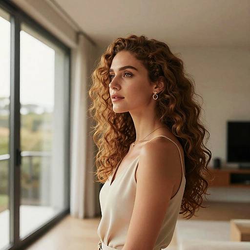 Photograph of a young woman with long, curly brown hair, wearing a white sleeveless top, silver hoop earrings, standing in a sunlit modern