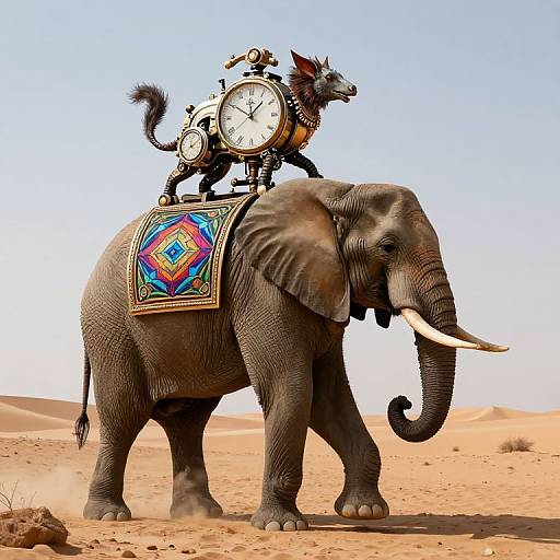 Photograph of a fantasy-themed elephant in a desert, adorned with ornate saddle and clock, and a small, mythical wolf riding on top.
