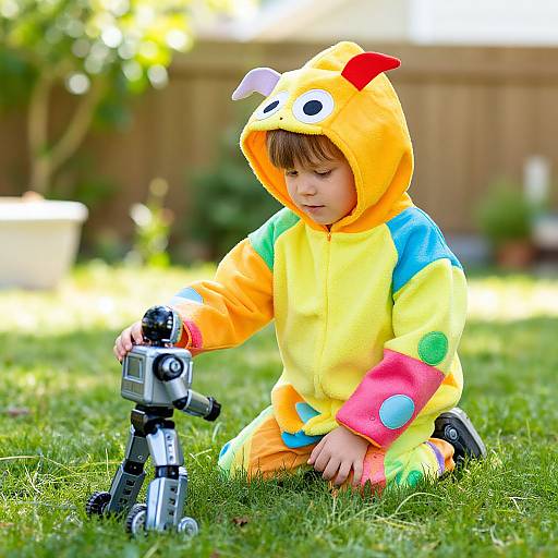 Child in Colorful Ken Costume Playing Robots