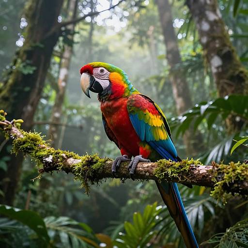 Vibrant macaw perched on moss-covered branch in lush, sunlit rainforest. Photograph captures vivid red, green, blue, and yellow