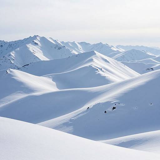 Photograph of a stunning, snow-covered mountain range with bright white peaks and gentle blue shadows, under a clear, bright sky.
